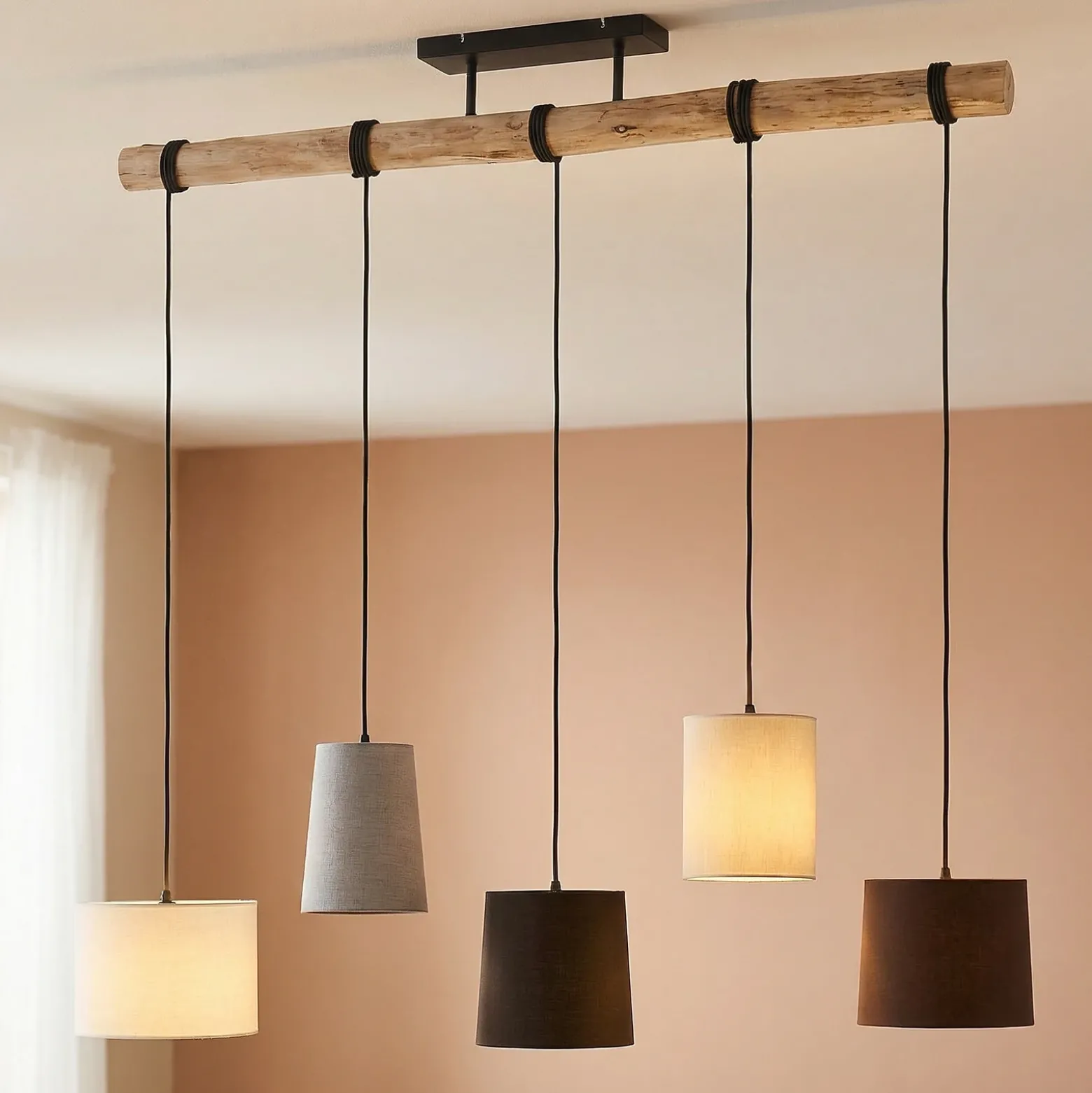 Lámpara colgante Amilia de Lindby, tela, 5 luces, gris/beige, E27