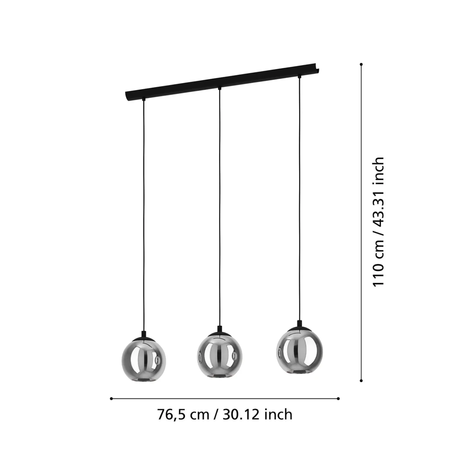 Lámpara colgante Ariscani, gris humo, longitud 77 cm, 3 luces de cristal E27