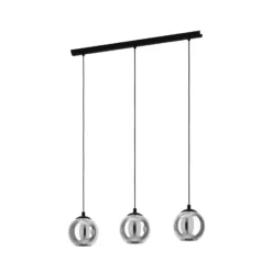 Lámpara colgante Ariscani, gris humo, longitud 77 cm, 3 luces de cristal E27