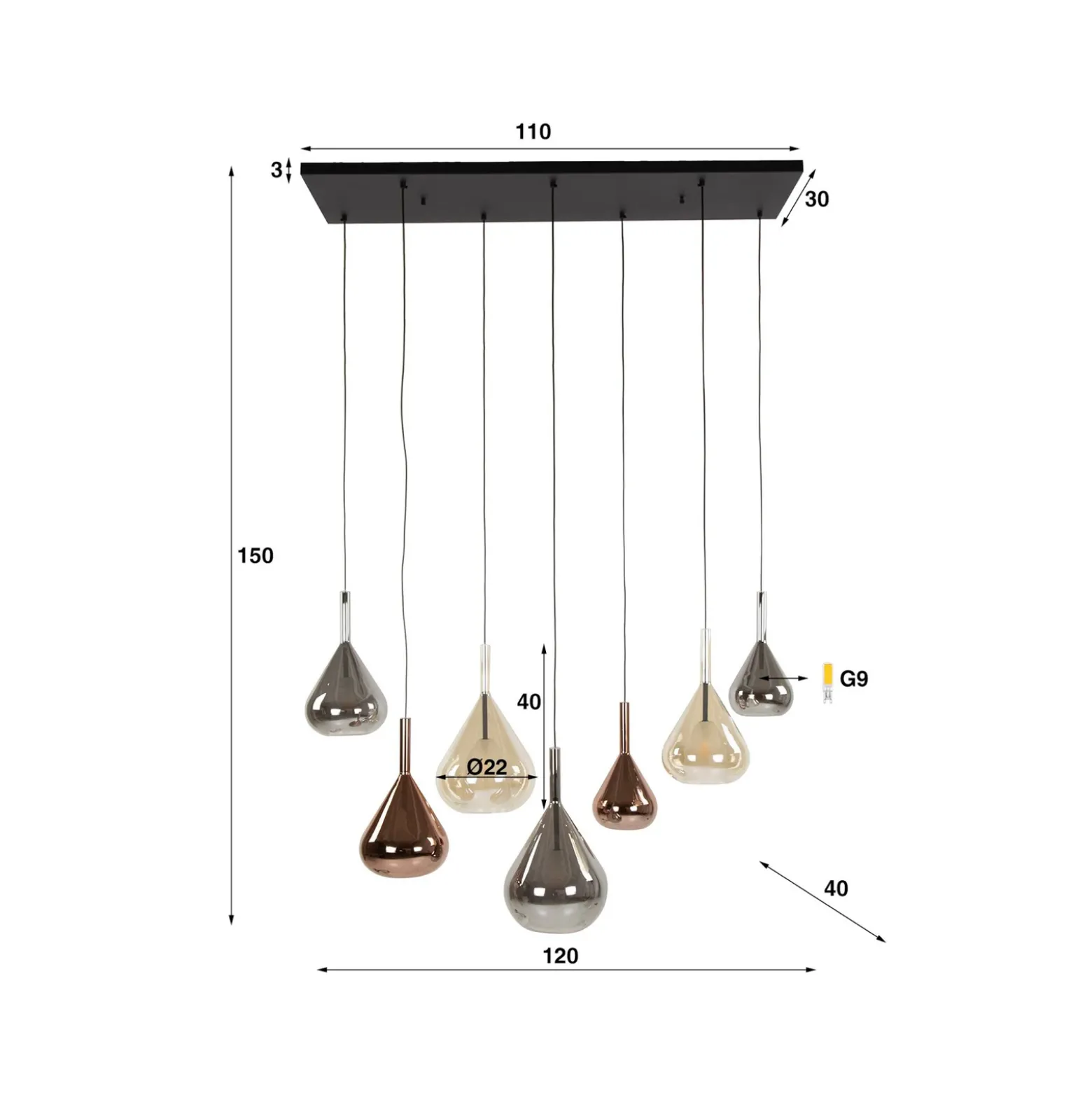 Lámpara colgante Aurelie mixta, 7 luces, cristal, multicolor