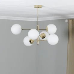 Lámpara colgante Aurora, dorada, 6 luces, cristal, metal