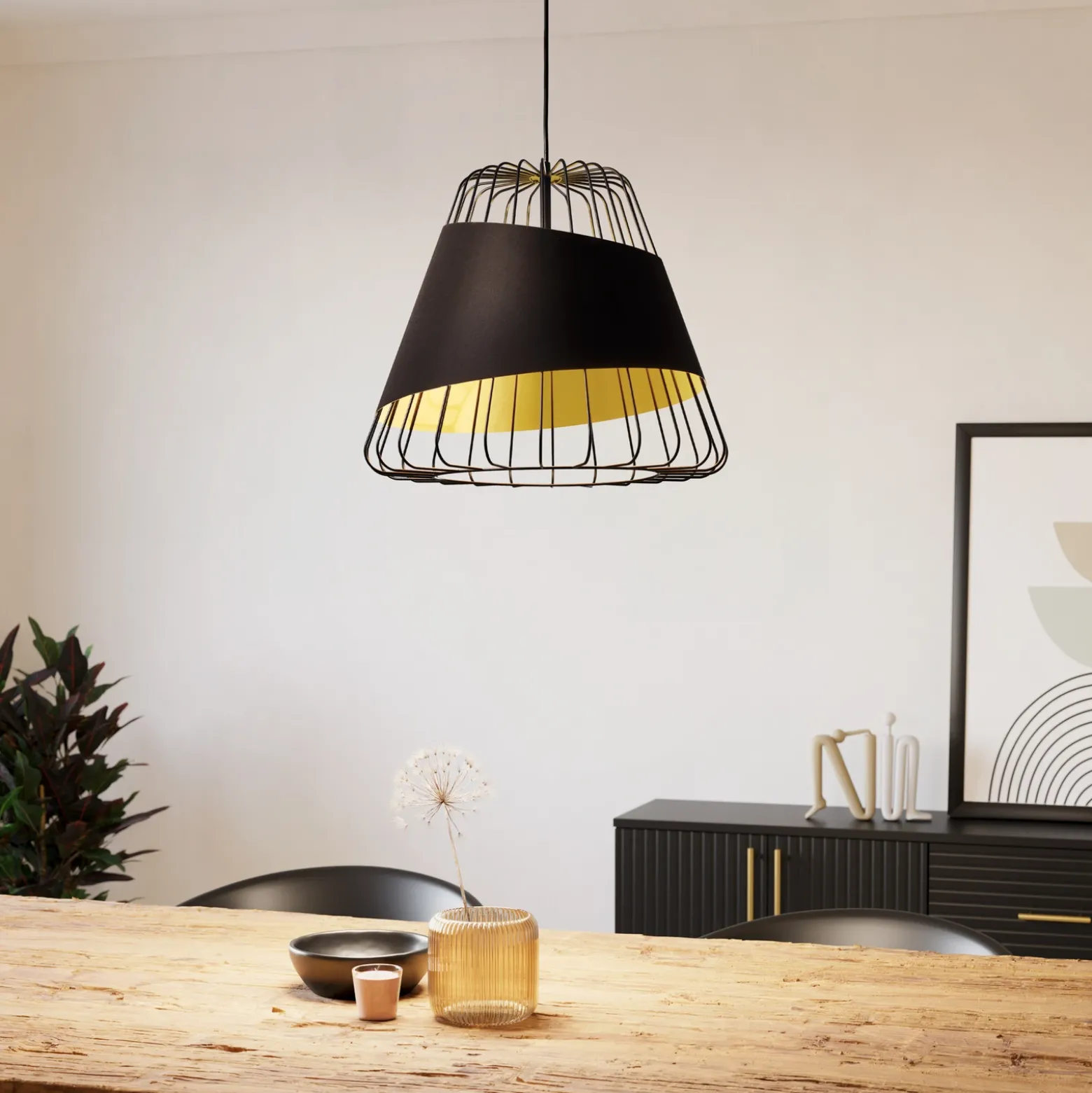 Lámpara colgante Austell, Ø 43 cm, negro/oro, metal, tela