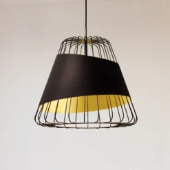 Lámpara colgante Austell, Ø 43 cm, negro/oro, metal, tela