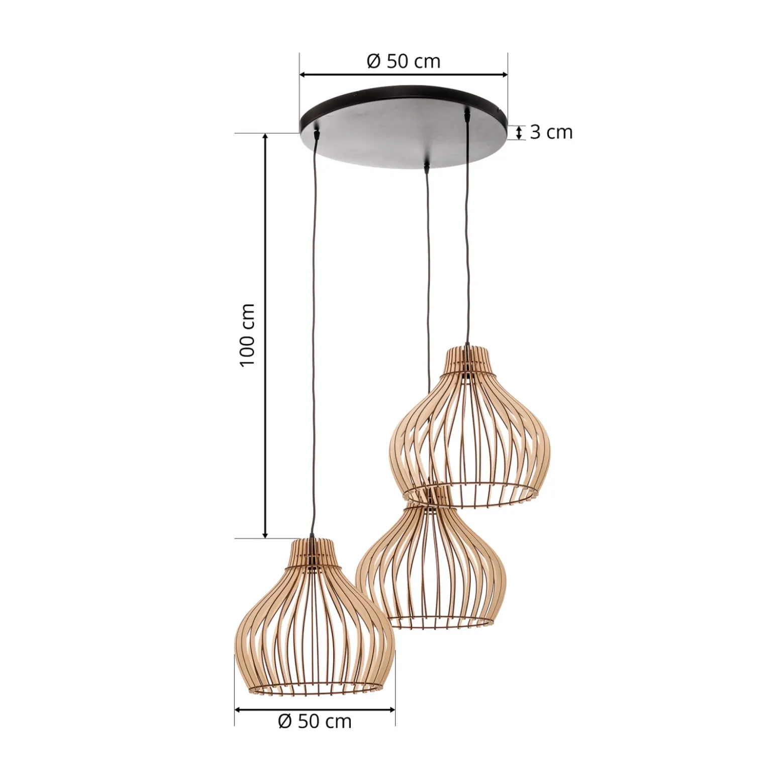 Lámpara colgante Barrel con pantallas de madera, 3 luces, redonda