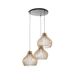 Lámpara colgante Barrel con pantallas de madera, 3 luces, redonda