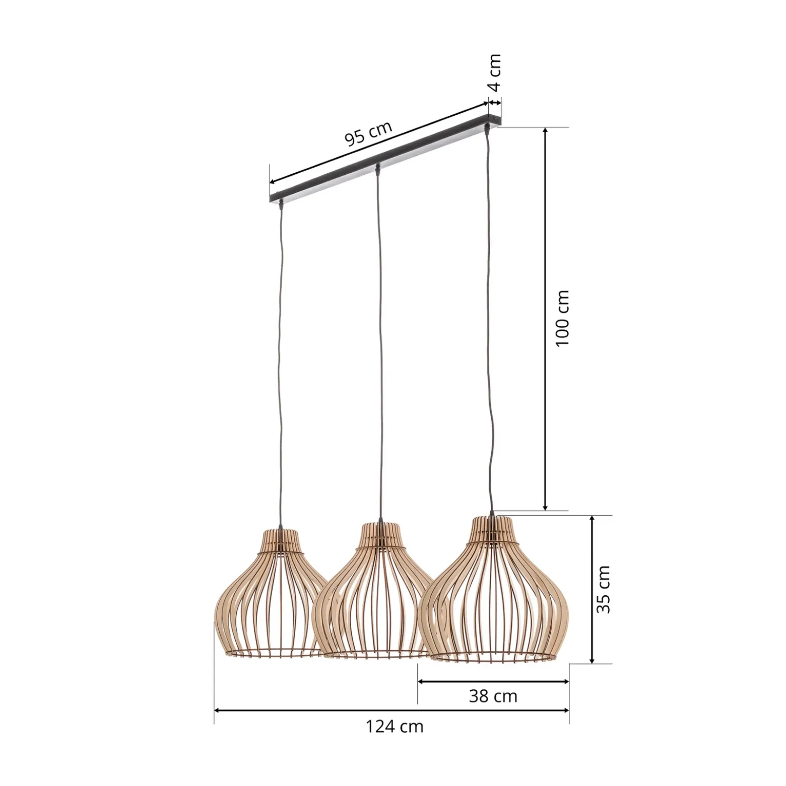 Lámpara colgante Barrel con pantallas de madera, 3 luces, larga