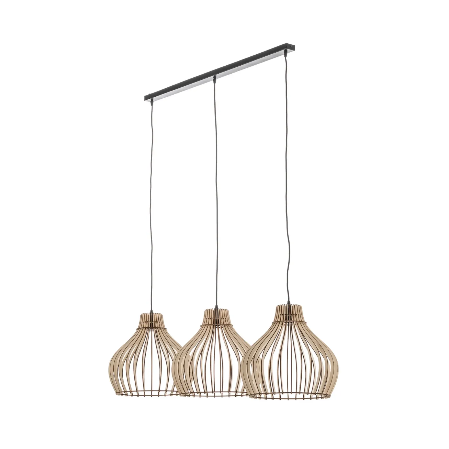 Lámpara colgante Barrel con pantallas de madera, 3 luces, larga