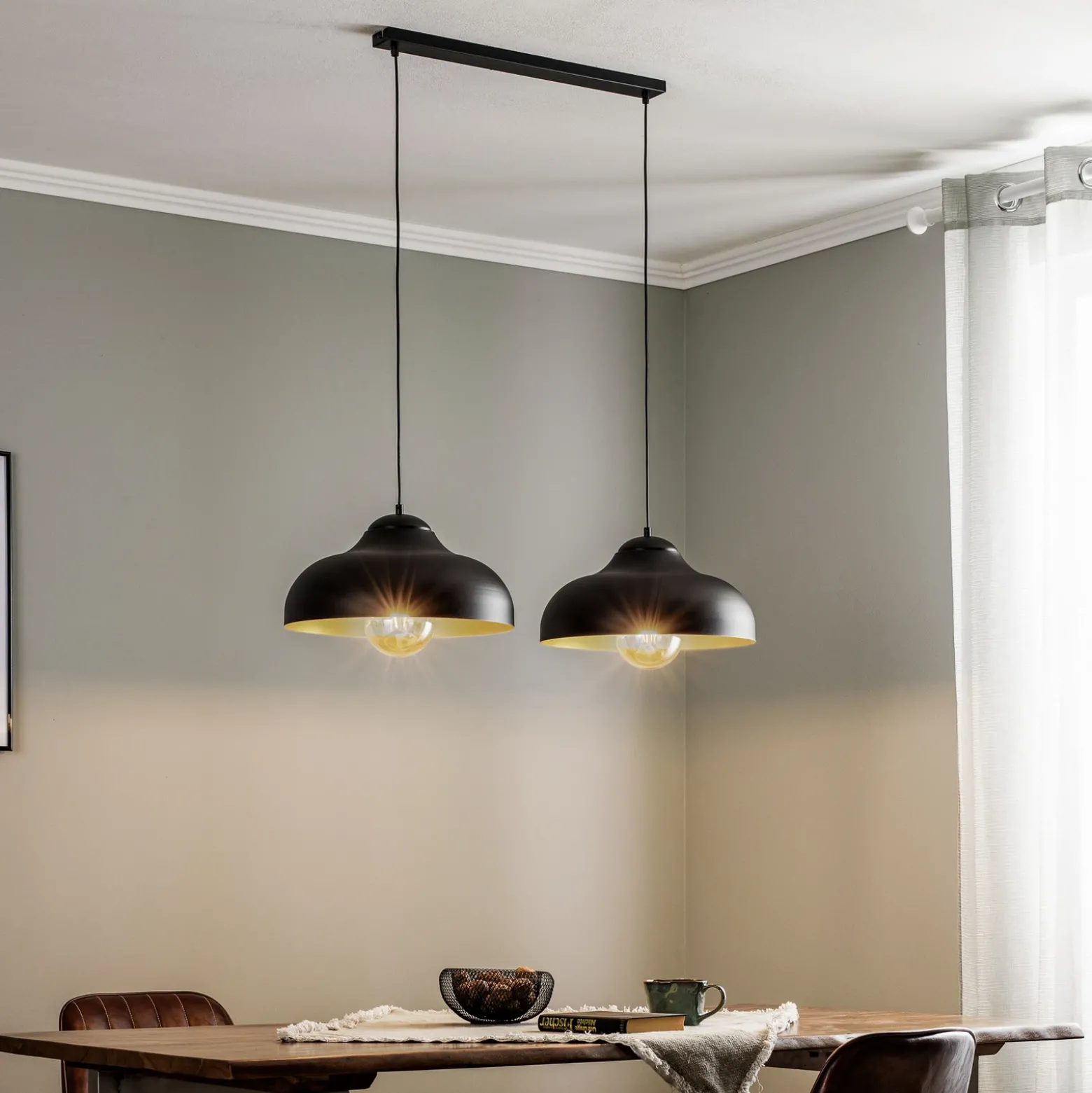Lámpara colgante Basca, negra/dorada, con 2 luces, 125 cm, E27