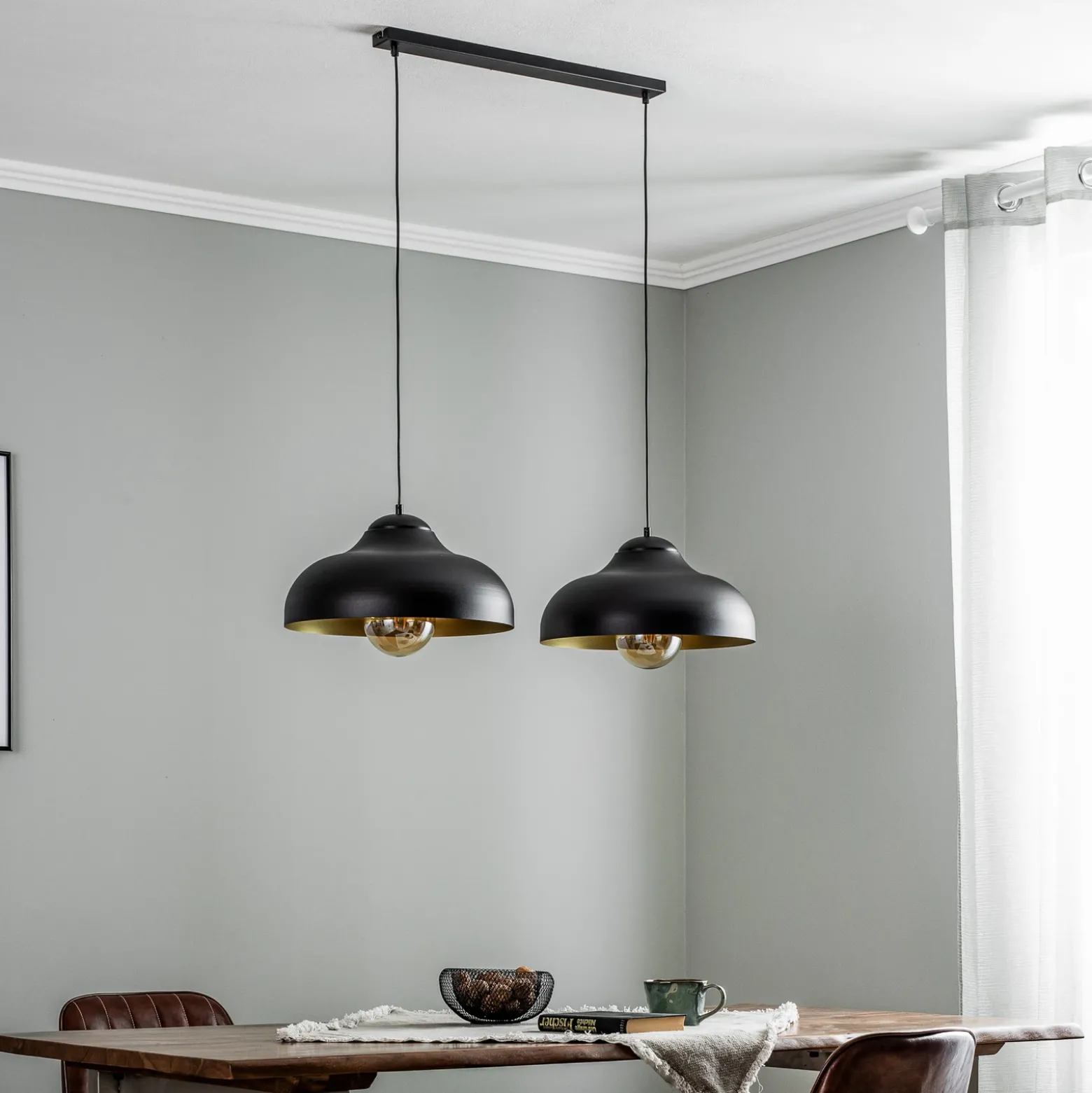 Lámpara colgante Basca, negra/dorada, con 2 luces, 125 cm, E27
