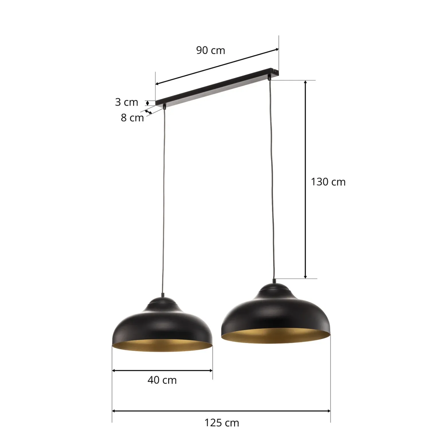 Lámpara colgante Basca, negra/dorada, con 2 luces, 125 cm, E27