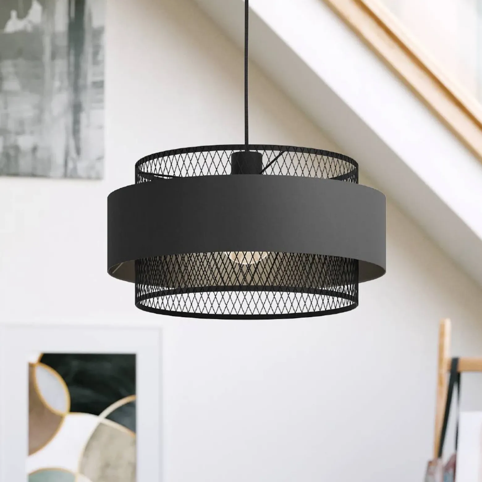 Lámpara colgante Bazely, Ø 40 cm, negra, tela