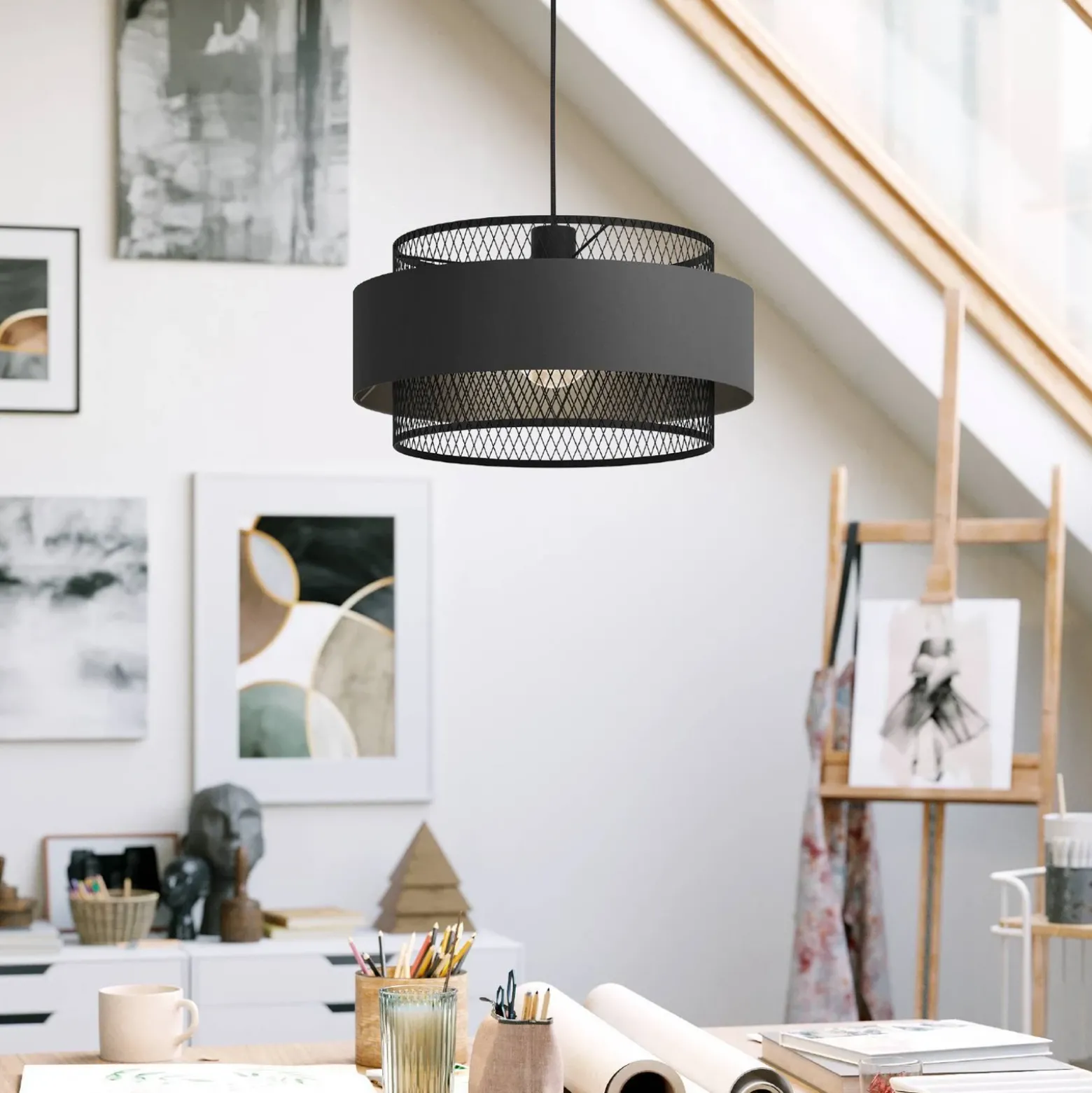 Lámpara colgante Bazely, Ø 40 cm, negra, tela