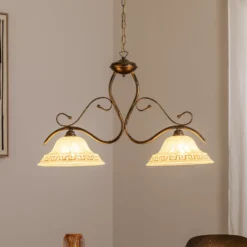 Lámpara colgante BILIARDO GIORGIO, crema/bronce, cristal/hierro 2 luces.