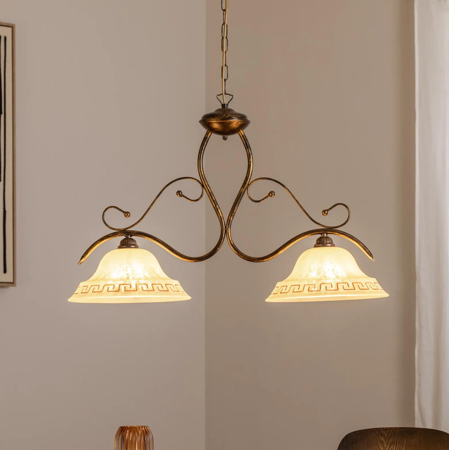 Lámpara colgante BILIARDO GIORGIO, crema/bronce, cristal/hierro 2 luces.