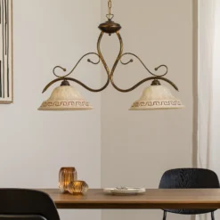 Lámpara colgante BILIARDO GIORGIO, crema/bronce, cristal/hierro 2 luces.