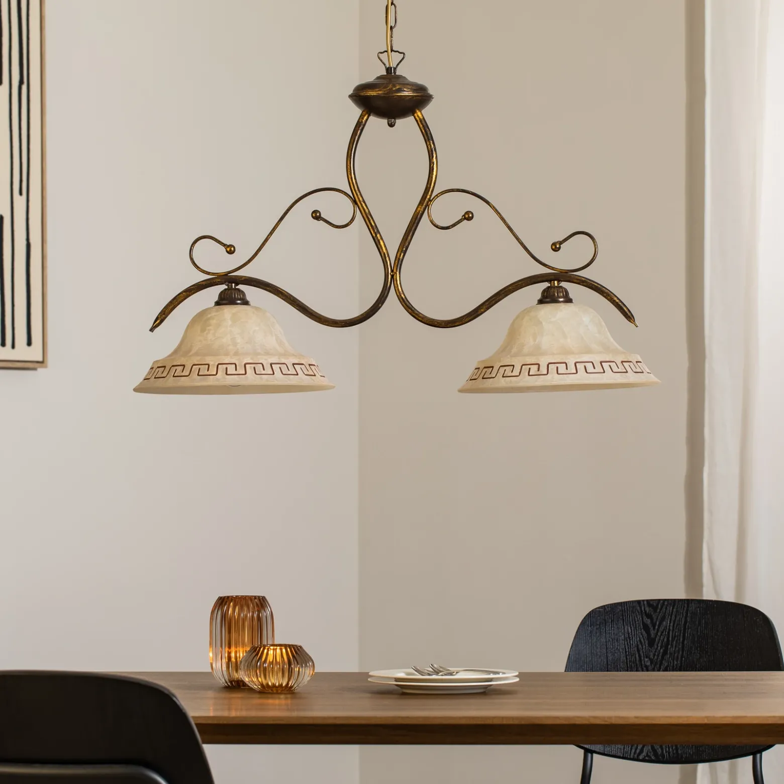 Lámpara colgante BILIARDO GIORGIO, crema/bronce, cristal/hierro 2 luces.