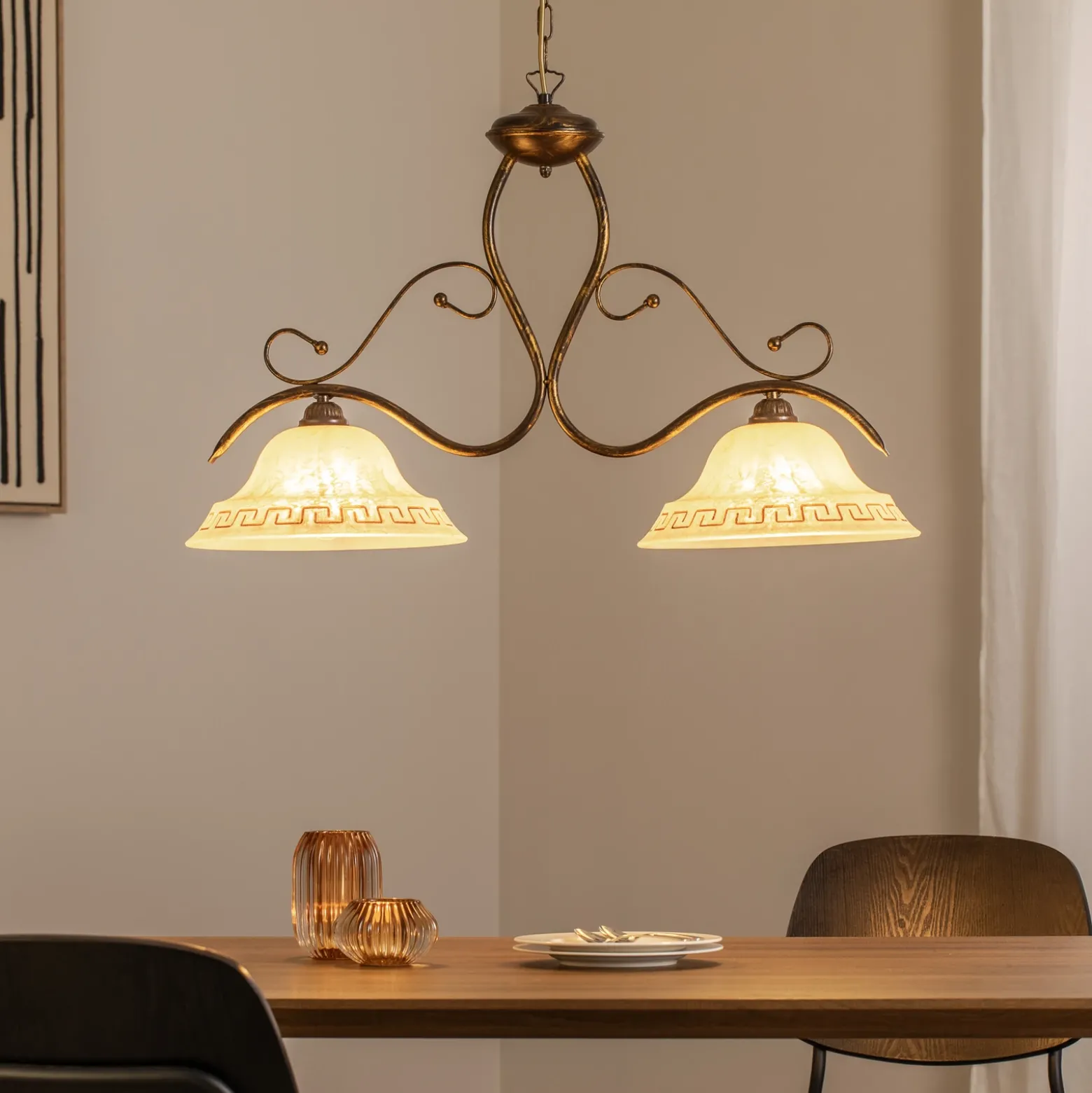 Lámpara colgante BILIARDO GIORGIO, crema/bronce, cristal/hierro 2 luces.