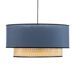 Lámpara colgante Boho, azul/madera, Ø 45 cm, tela/ratán