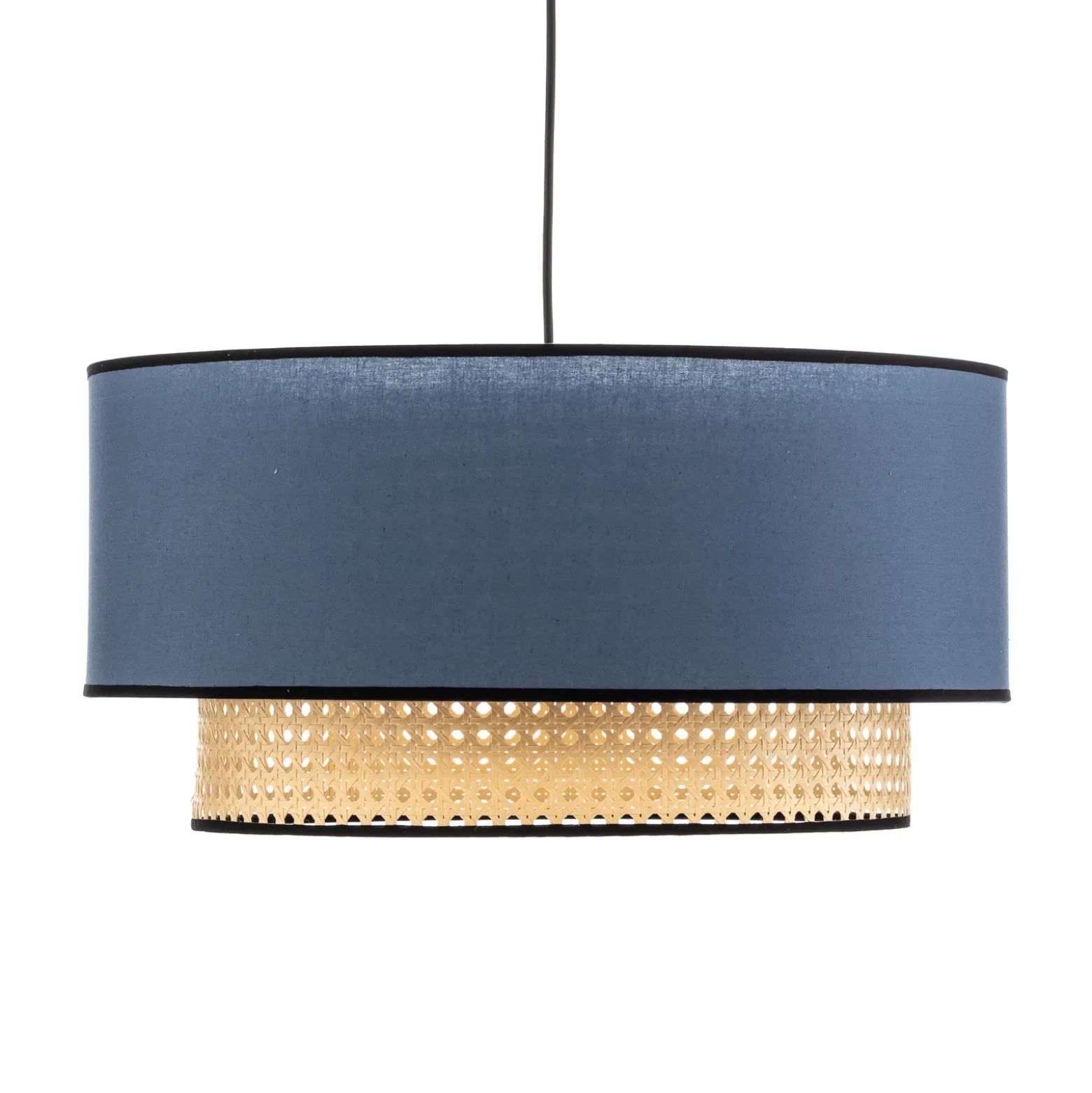 Lámpara colgante Boho, azul/madera, Ø 45 cm, tela/ratán