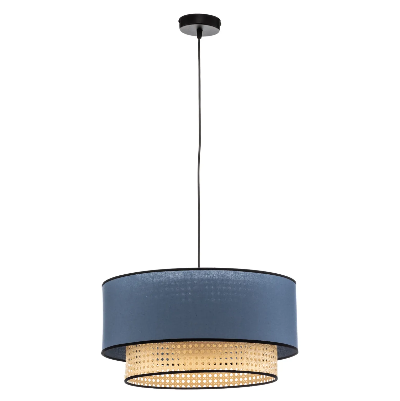 Lámpara colgante Boho, azul/madera, Ø 45 cm, tela/ratán