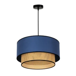 Lámpara colgante Boho, azul/madera, Ø 45 cm, tela/ratán