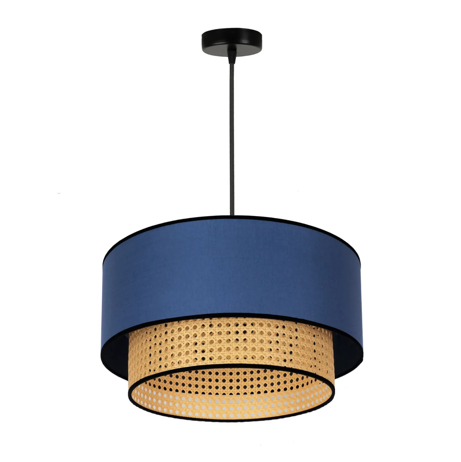 Lámpara colgante Boho, azul/madera, Ø 45 cm, tela/ratán