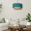 Lámpara colgante Boho, azul petróleo/madera, Ø 45 cm, tela/ratán