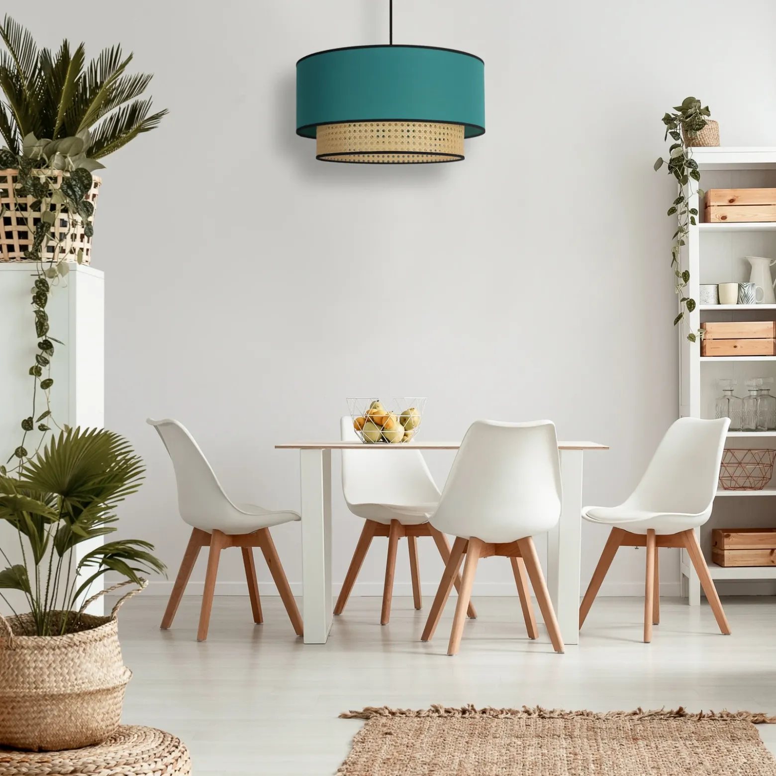 Lámpara colgante Boho, azul petróleo/madera, Ø 45 cm, tela/ratán