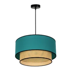 Lámpara colgante Boho, azul petróleo/madera, Ø 45 cm, tela/ratán