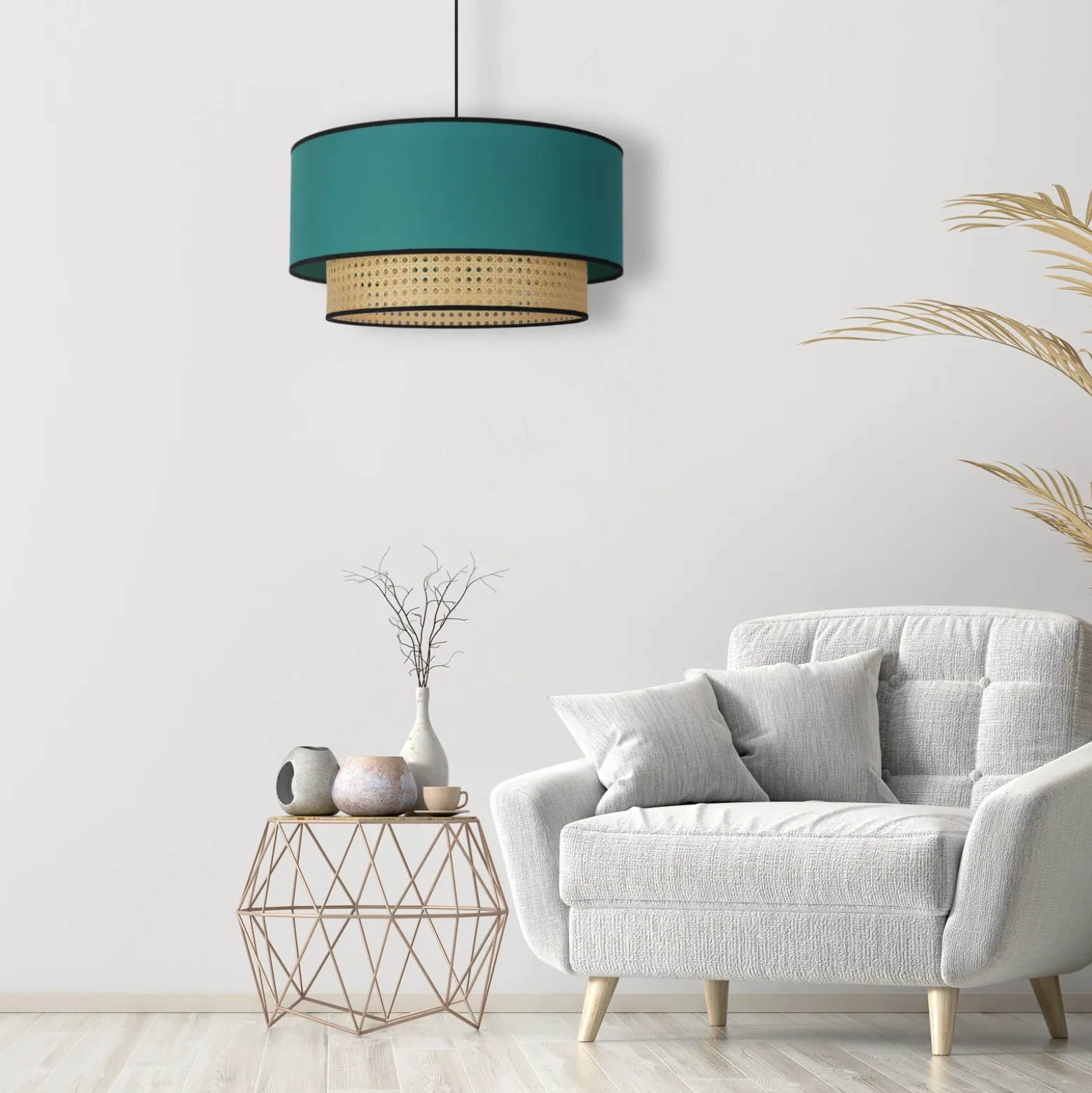 Lámpara colgante Boho, azul petróleo/madera, Ø 45 cm, tela/ratán