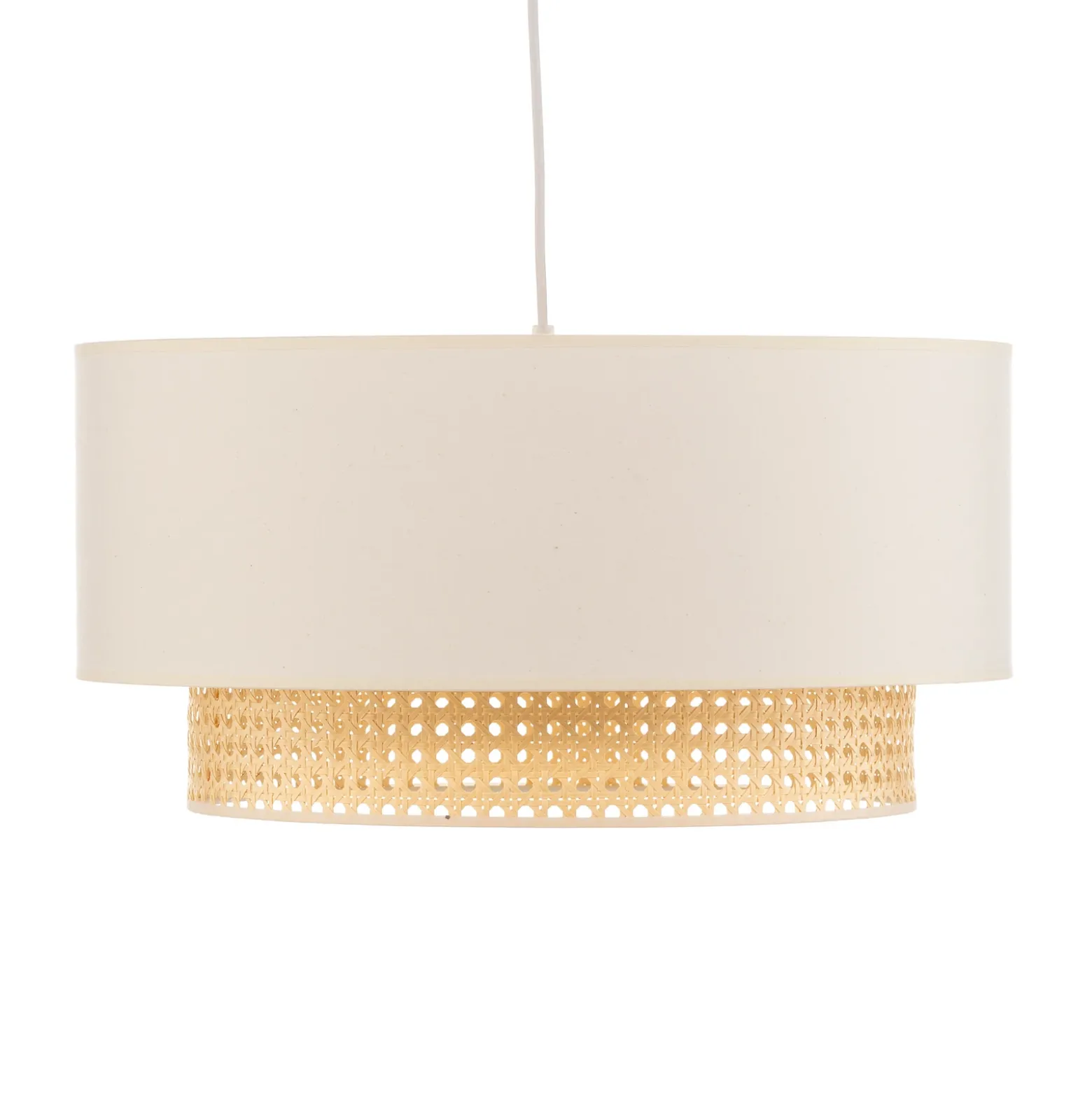 Lámpara colgante Boho, beige/madera, Ø 45 cm, tela/ratán