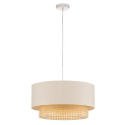 Lámpara colgante Boho, beige/madera, Ø 45 cm, tela/ratán
