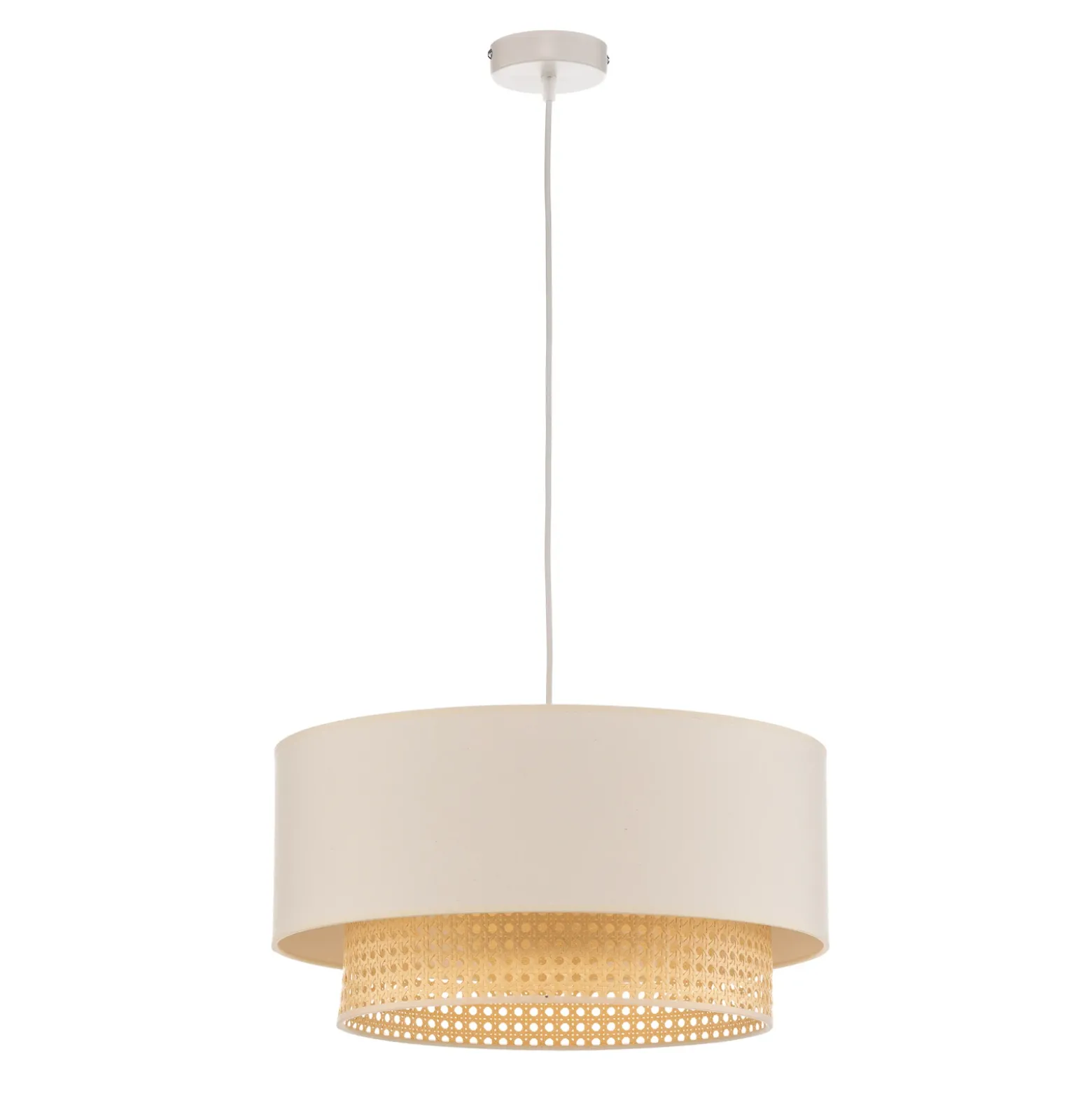 Lámpara colgante Boho, beige/madera, Ø 45 cm, tela/ratán