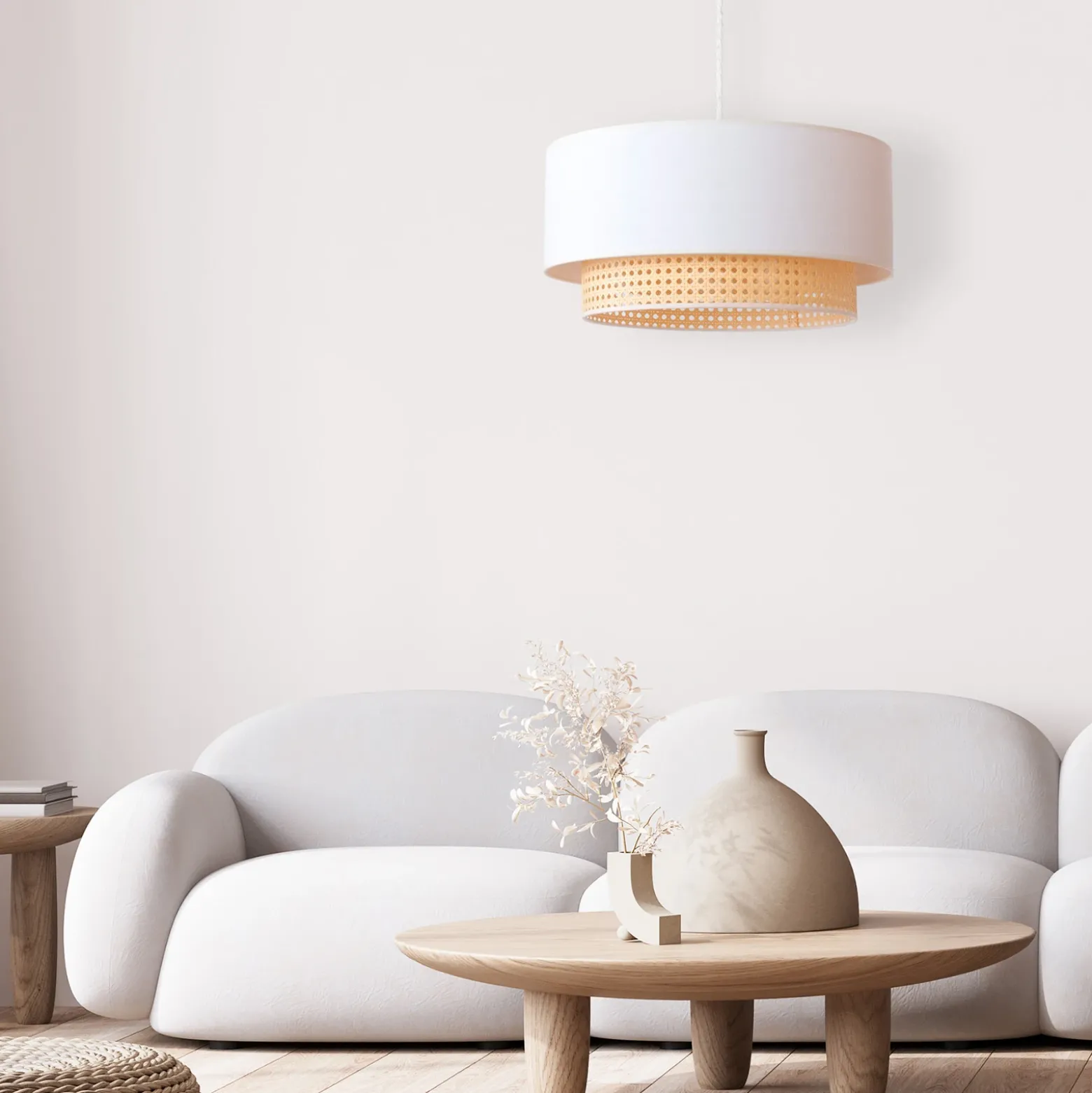 Lámpara colgante Boho, beige/madera, Ø 45 cm, tela/ratán