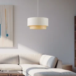 Lámpara colgante Boho, beige/madera, Ø 45 cm, tela/ratán