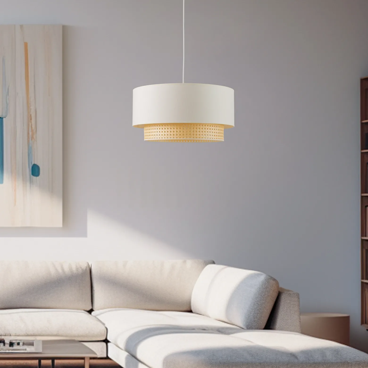 Lámpara colgante Boho, beige/madera, Ø 45 cm, tela/ratán