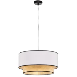 Lámpara colgante Boho, blanco/madera, Ø 45 cm, tela/ratán