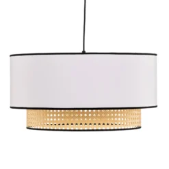 Lámpara colgante Boho, blanco/madera, Ø 45 cm, tela/ratán