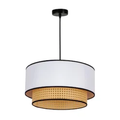 Lámpara colgante Boho, blanco/madera, Ø 45 cm, tela/ratán