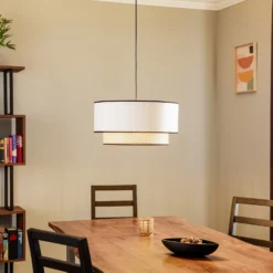 Lámpara colgante Boho, blanco/madera, Ø 45 cm, tela/ratán