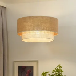 Lámpara colgante Boho, marrón/blanca, Ø 45 cm, tejido