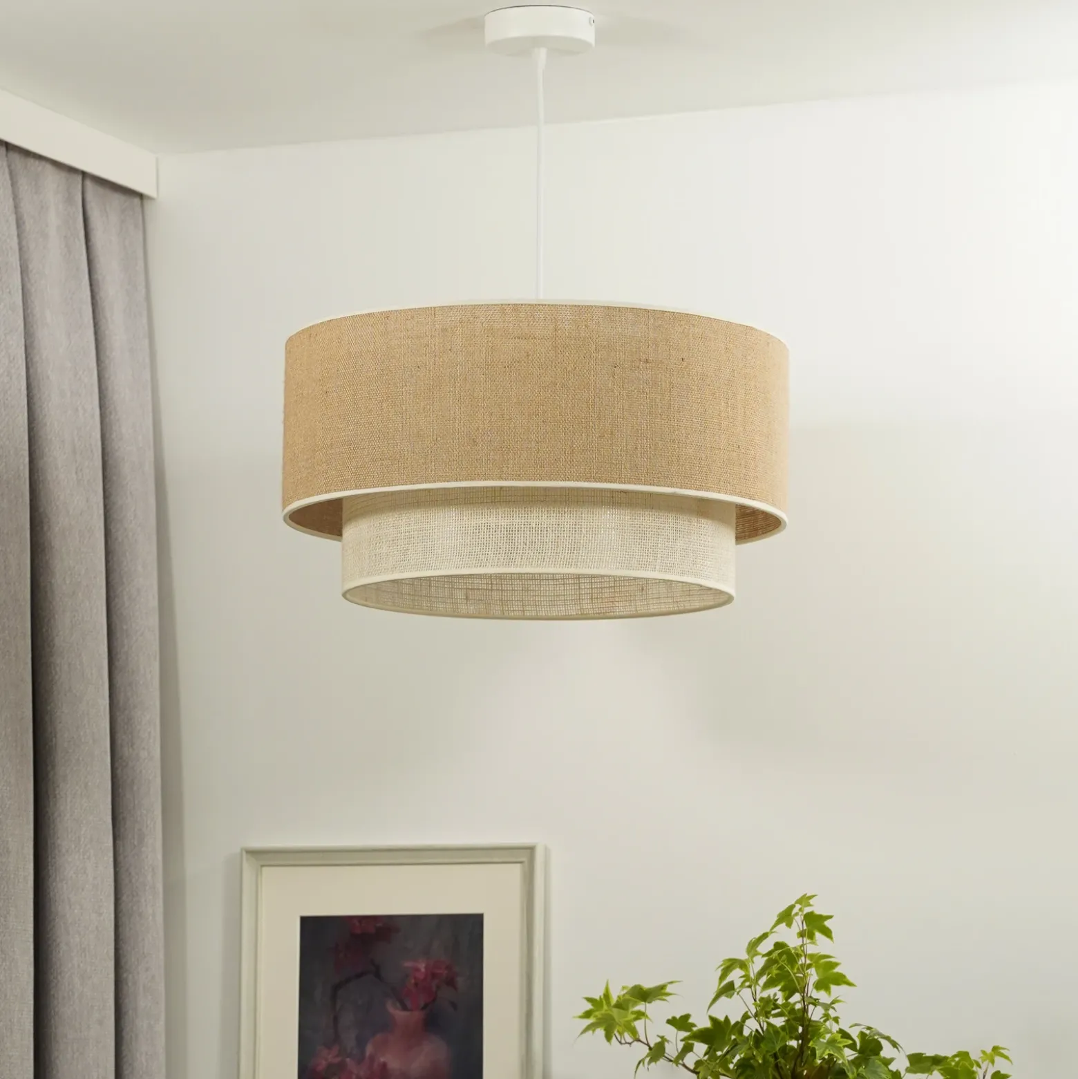 Lámpara colgante Boho, marrón/blanca, Ø 45 cm, tejido