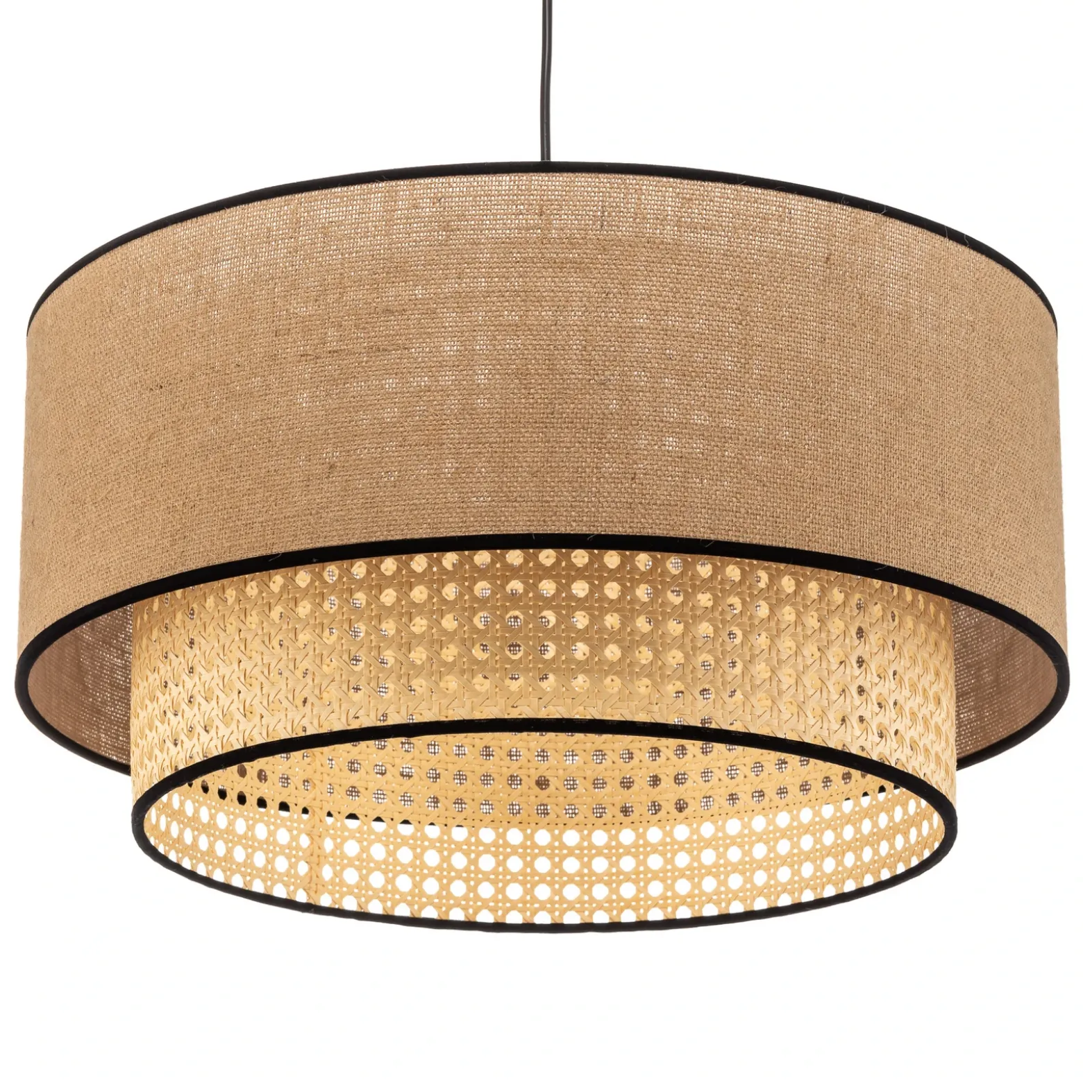 Lámpara colgante Boho, marrón/madera, Ø 45 cm, tela/ratán