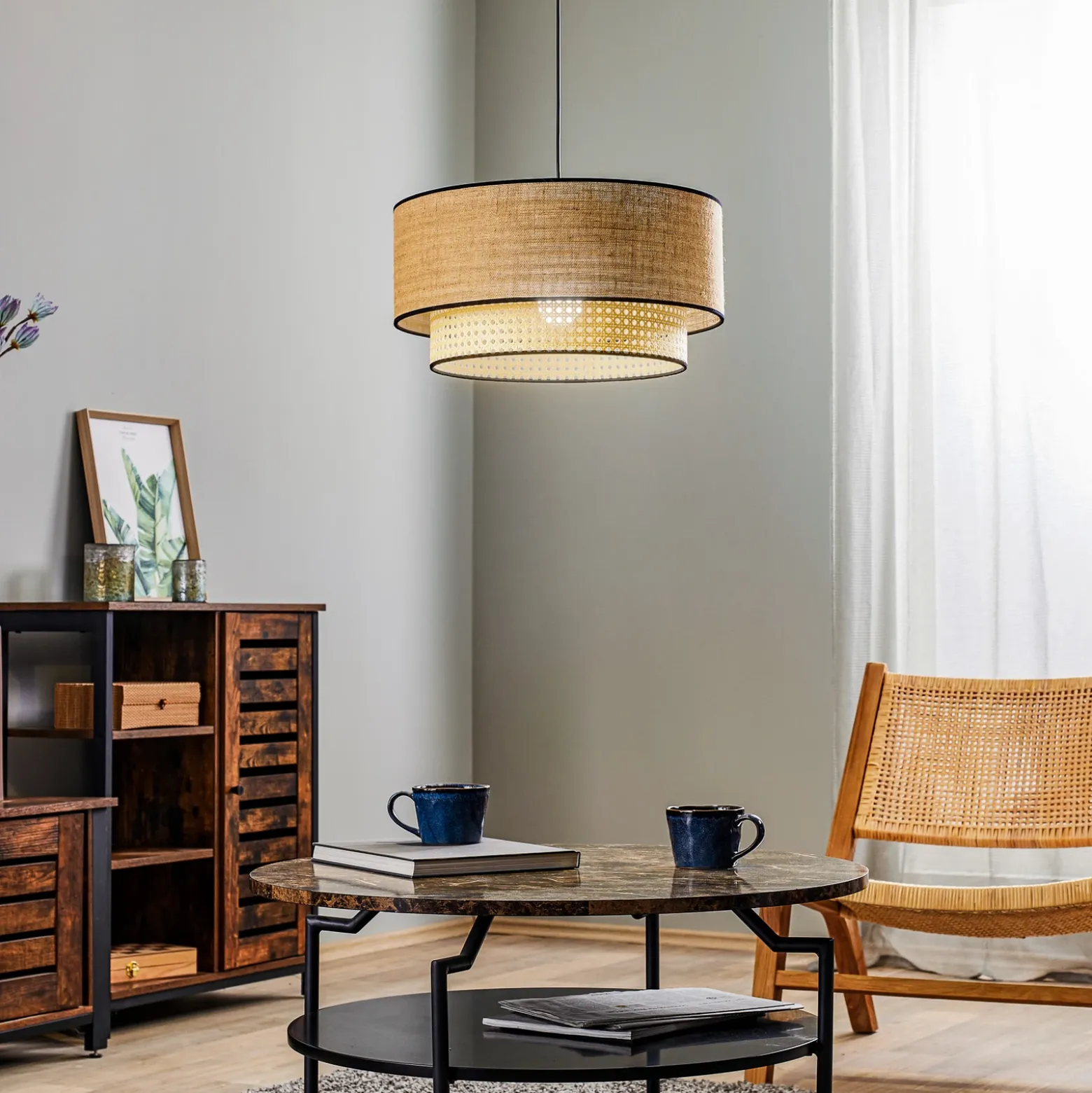 Lámpara colgante Boho, marrón/madera, Ø 45 cm, tela/ratán