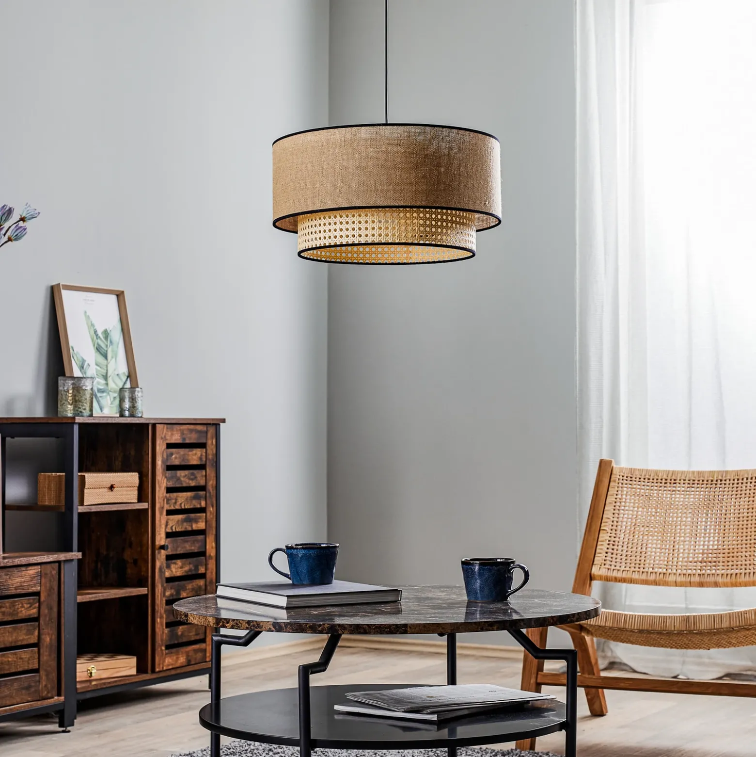 Lámpara colgante Boho, marrón/madera, Ø 45 cm, tela/ratán