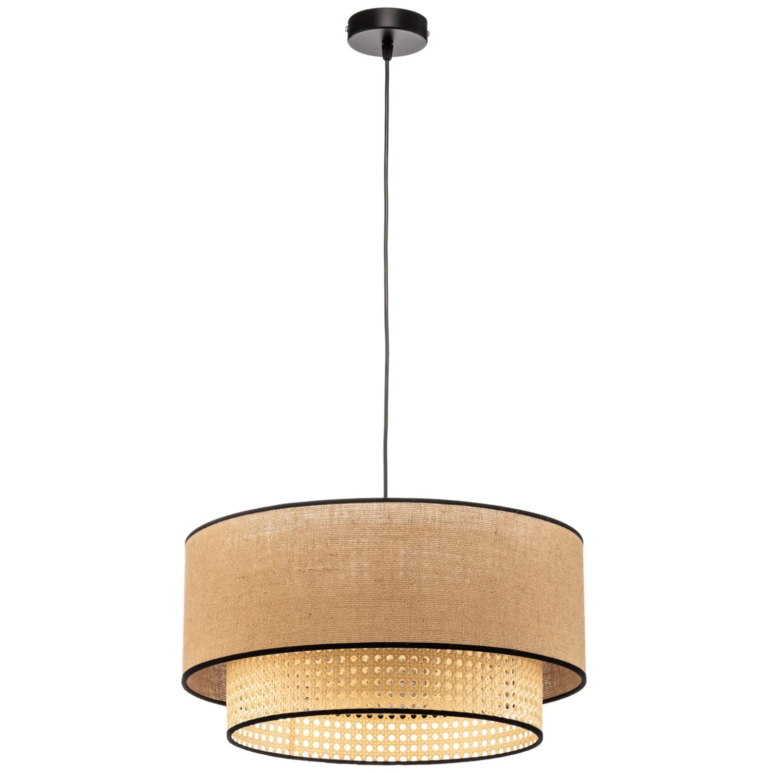 Lámpara colgante Boho, marrón/madera, Ø 45 cm, tela/ratán