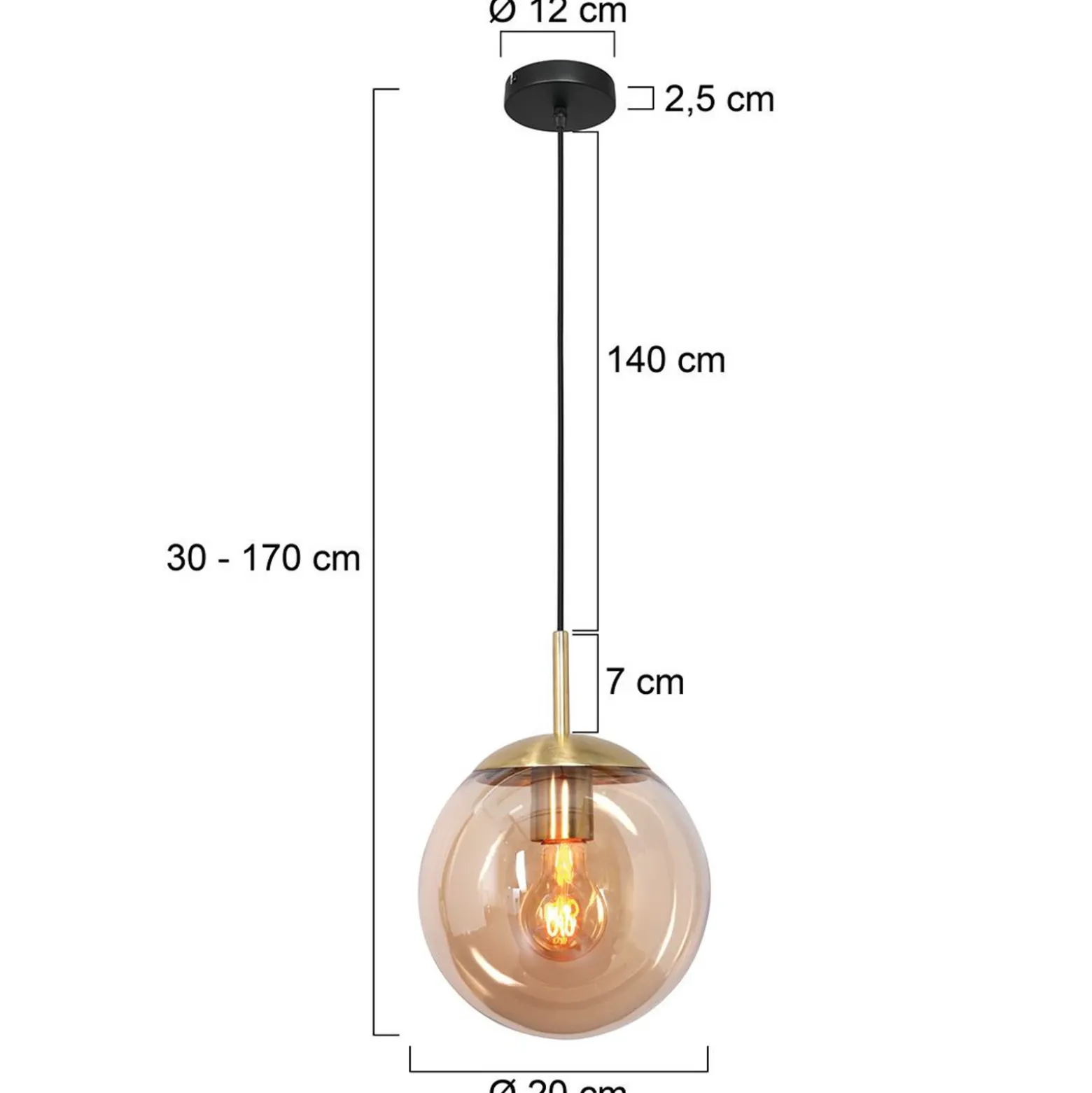 Lámpara colgante Bollique, latón, Ø 20 cm, cristal, 1 luz, globo