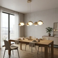 Lámpara colgante BOOM, color beige, longitud 88 cm, 6 luces, metal/cristal