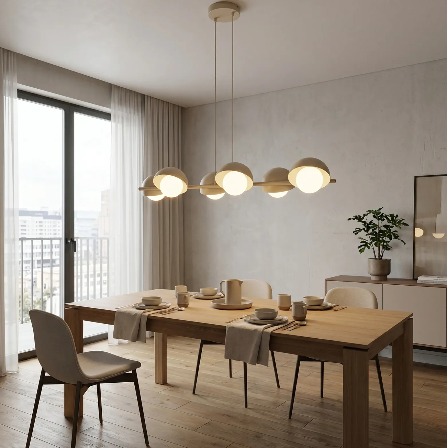 Lámpara colgante BOOM, color beige, longitud 88 cm, 6 luces, metal/cristal
