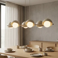 Lámpara colgante BOOM, color beige, longitud 88 cm, 6 luces, metal/cristal